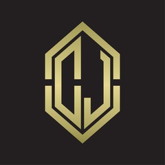 DJ Logo monogram with hexagon shape and outline slice style with gold colors