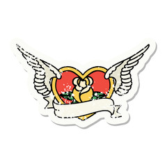 traditional distressed sticker tattoo of a flying heart with flowers and banner