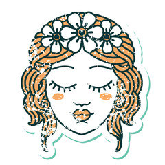 distressed sticker tattoo style icon of female face with eyes closed
