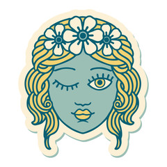 tattoo style sticker of a maidens face winking