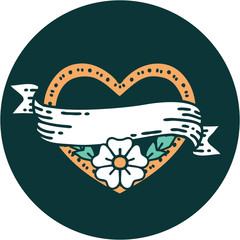 tattoo style icon of a heart and banner with flowers
