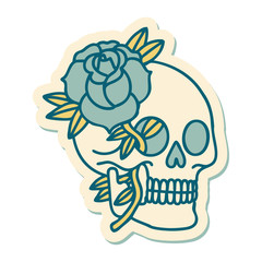 tattoo style sticker of a skull and rose