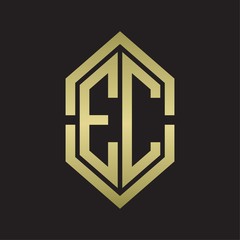 EC Logo monogram with hexagon shape and outline slice style with gold colors