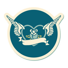 tattoo style sticker of a flying heart with flowers and banner
