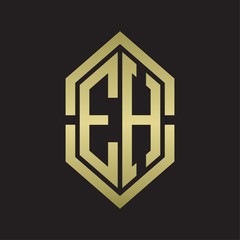 EH Logo monogram with hexagon shape and outline slice style with gold colors