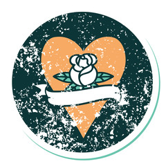distressed sticker tattoo style icon of a heart rose and banner