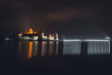 Illuminated Trakai Island Castle at Night Near Vilnius in Lithuania