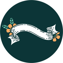tattoo style icon of a banner and flowers