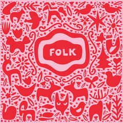 Folk art square tile in red and pink. Doodle with frame for text. Scandinavian style with traditional geometric shapes. Folklore cliparts elements for notebook, tile, napkins, coasters, postcard.