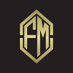 FM Logo monogram with hexagon shape and outline slice style with gold colors