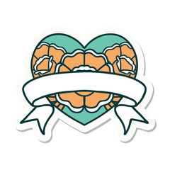 tattoo style sticker of a heart and banner with flowers