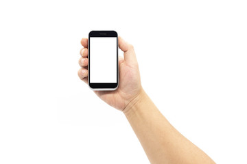 One hand holding blank smartphone with black border