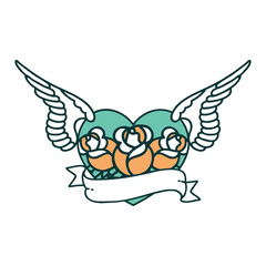 tattoo style icon of a flying heart with flowers and banner