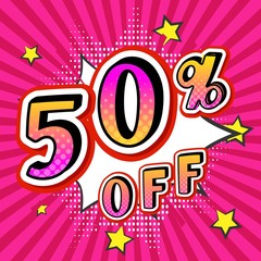 pop art comic speech bubble with sale 50 off, stars vector illustration. Bright dynamic cartoon illustration in retro pop art style on pink stripped background. Discount sale explosion poster.