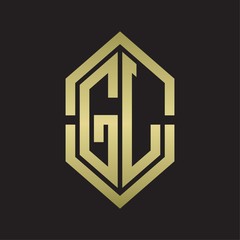 GL Logo monogram with hexagon shape and outline slice style with gold colors