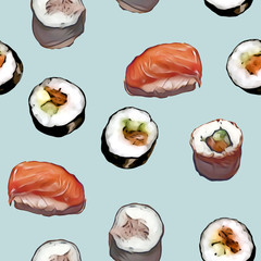 Sushi seamless pattern. Watercolor Background. Food illustration.