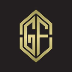 GF Logo monogram with hexagon shape and outline slice style with gold colors