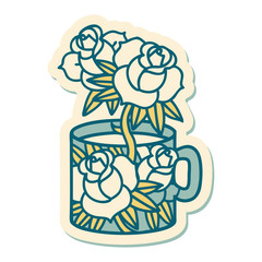 tattoo style sticker of a cup and flowers