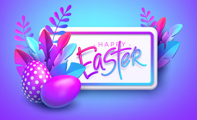 Easter background. Bright stylish 3D foliage in the style of webdesign neomorphism. Template for advertising banner, flyer, flyer, poster, web page. Vector illustration