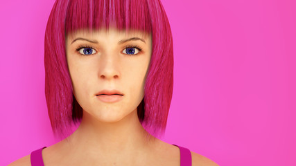 pink hair woman on pink background blunt haircut 3D illustration