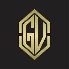 GV Logo monogram with hexagon shape and outline slice style with gold colors