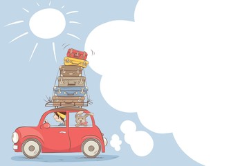 Fototapeta premium On a journey with a friend and all luggage / Girl goes on a journey with a dog , funny vector illustration with empty space.