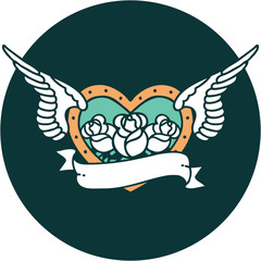 tattoo style icon of a flying heart with flowers and banner