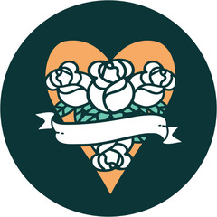 tattoo style icon of a heart and banner with flowers