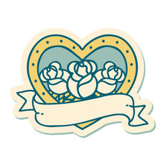 tattoo style sticker of a heart and banner with flowers