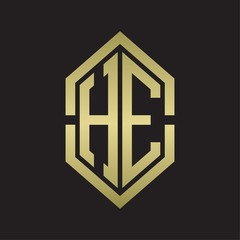HE Logo monogram with hexagon shape and outline slice style with gold colors