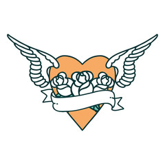 tattoo style icon of a heart with wings flowers and banner