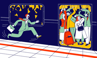 Man Running in Subway Platform to Crowded Train in Rushtime. People Pushing Each Other in Full Metro at Station in Rush Hour. City Traveling Transport Problem Cartoon Flat Vector Illustration Line Art