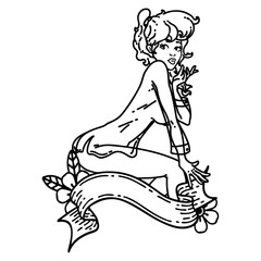 black line tattoo of a pinup girl wearing a shirt with banner