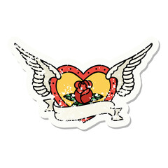 traditional distressed sticker tattoo of a flying heart with flowers and banner