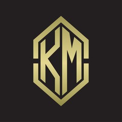 KM Logo monogram with hexagon shape and outline slice style with gold colors
