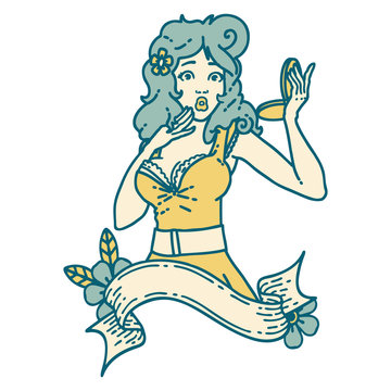 tattoo style icon  of a pinup surprised girl with banner