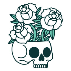 tattoo style icon of a skull and roses