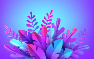 Bright stylish 3D foliage in the style of webdesign neomorphism. Template for advertising banner, flyer, flyer, poster, web page. Vector illustration