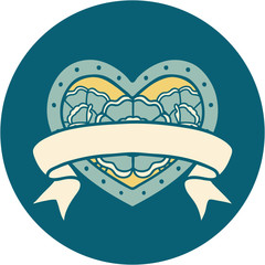 tattoo style icon of a heart and banner with flowers