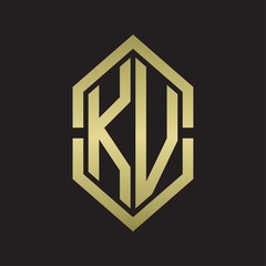 KV Logo monogram with hexagon shape and outline slice style with gold colors