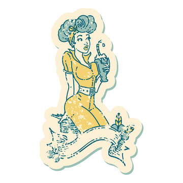distressed sticker tattoo style icon of a pinup girl drinking a milkshake with banner