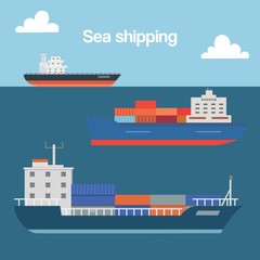 Sea shipping cargo container sailing ship cartoon vector illustration. Seagoing freight transport with loaded container ship. Global cargo sea shipping background banner or poster with typography.