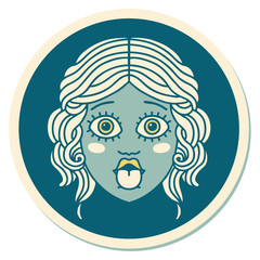 tattoo style sticker of female face sticking out tongue