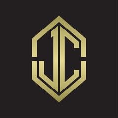 JC Logo monogram with hexagon shape and outline slice style with gold colors