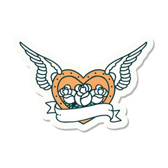 tattoo style sticker of a flying heart with flowers and banner