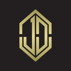 JD Logo monogram with hexagon shape and outline slice style with gold colors