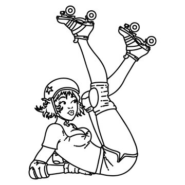 black line tattoo of a pinup roller derby girl