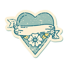distressed sticker tattoo style icon of a heart flower and banner
