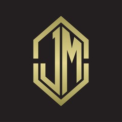 JM Logo monogram with hexagon shape and outline slice style with gold colors