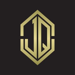 JQ Logo monogram with hexagon shape and outline slice style with gold colors